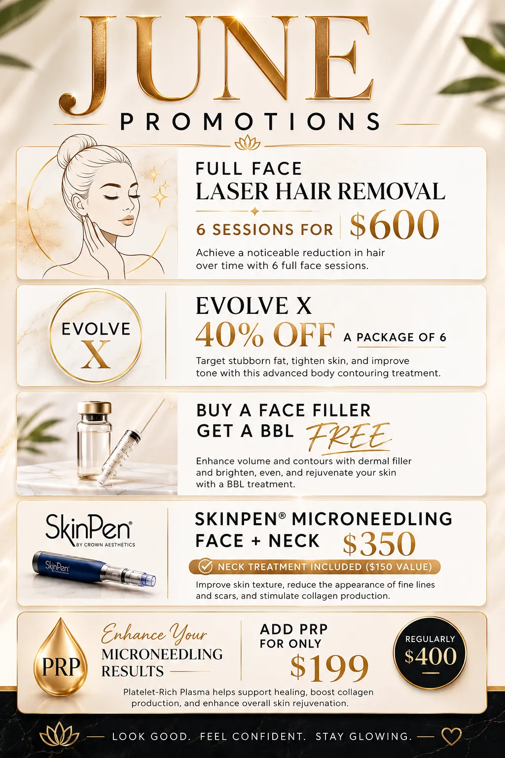 AES Med Spa June specials featuring SkinPen microneedling, Evolve X body contouring, laser hair removal, fillers and PRP in St. Charles IL