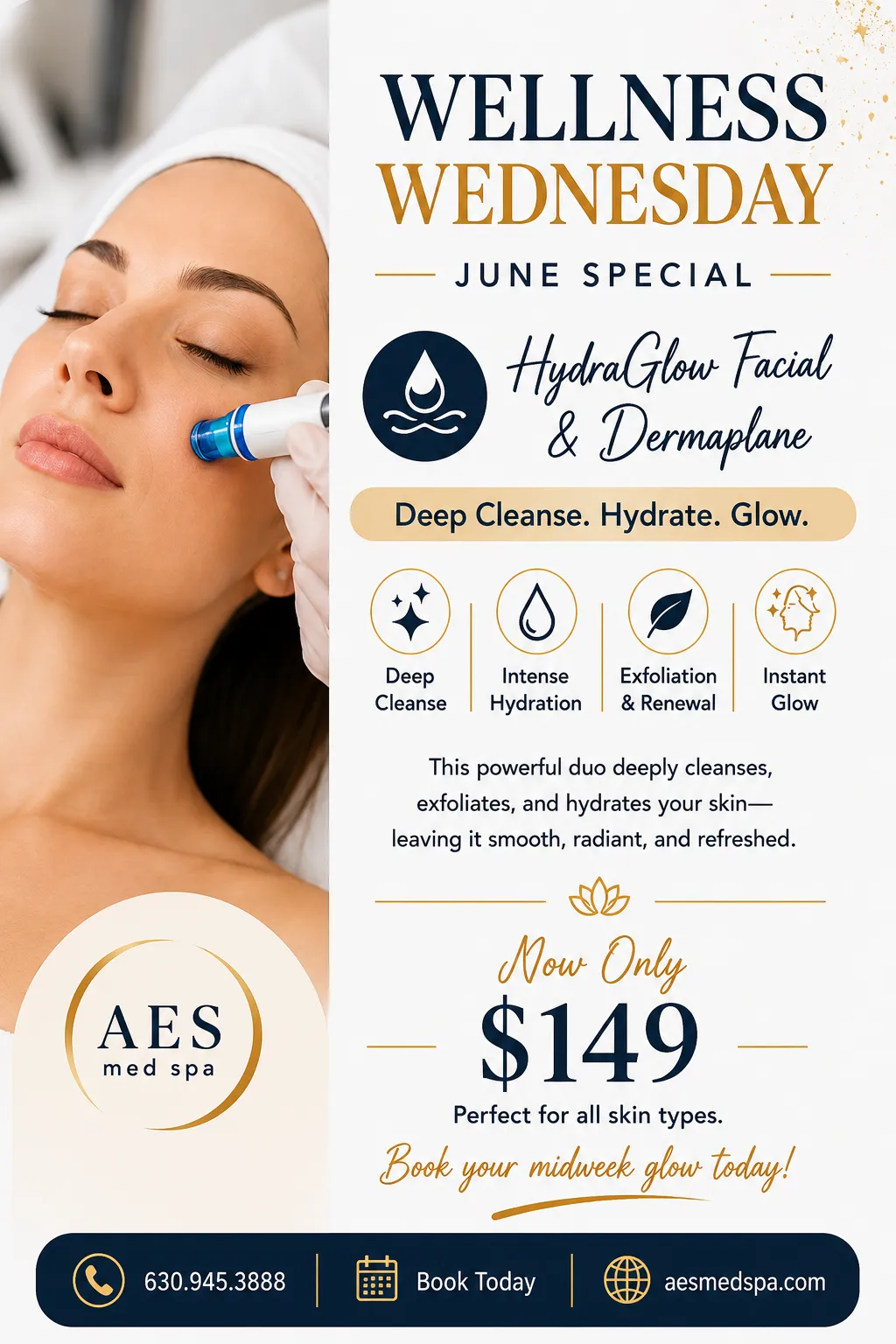 HydraGlow Facial St Charles, Dermaplane St Charles, Facial Specials St Charles IL, Medical Spa St Charles, Hydrating Facial Near Me, Exfoliating Facial Treatment, AES Med Spa Wellness Wednesday