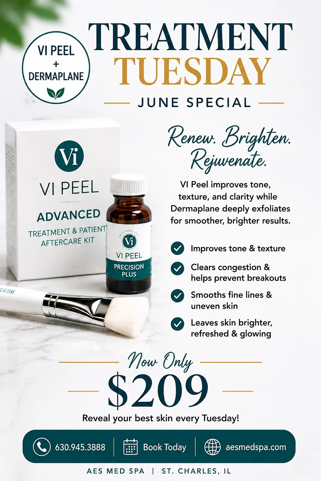 Treatment Tuesday June Special at AES Med Spa featuring VI Peel and Dermaplane treatment in St. Charles IL for brighter, smoother, rejuvenated skin.