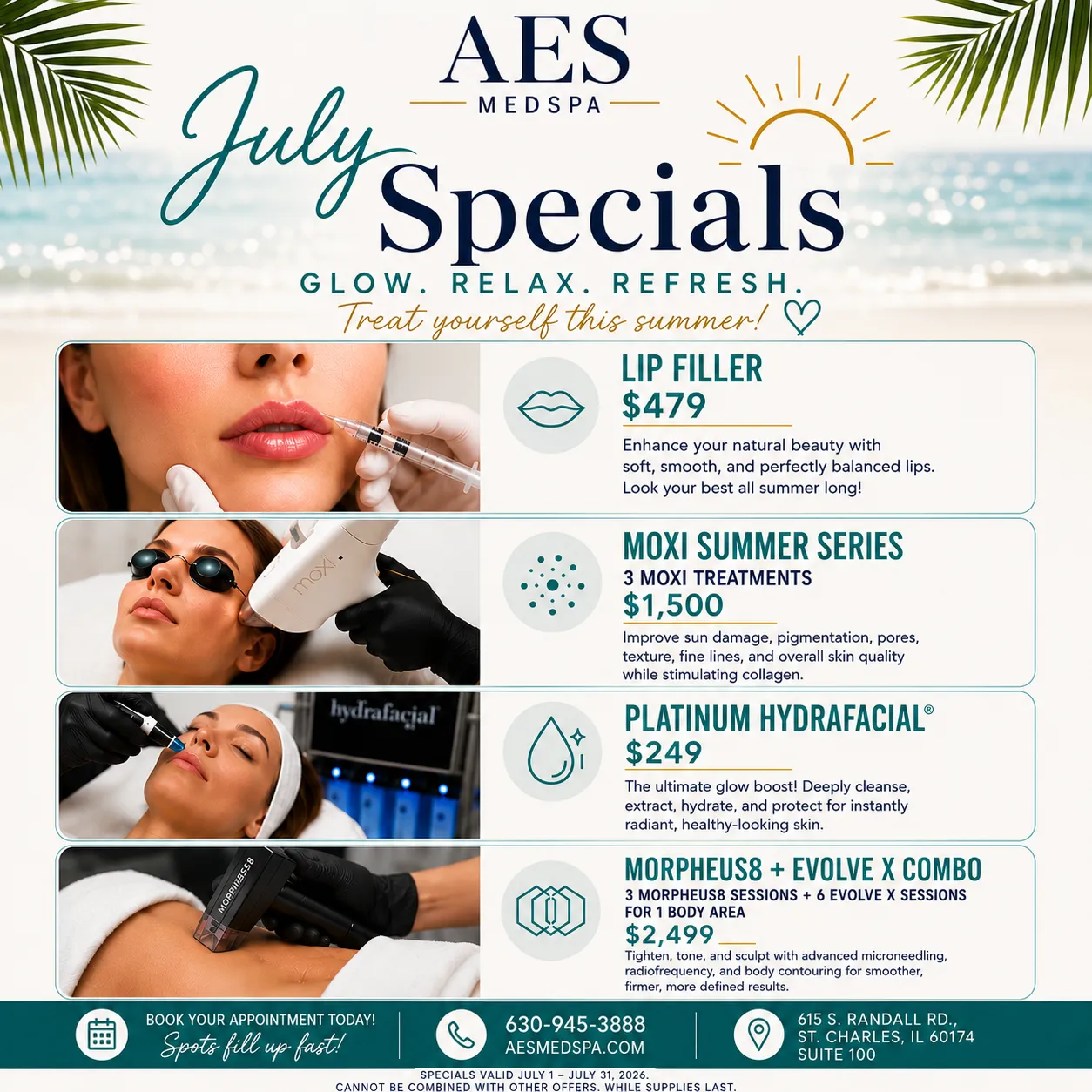 AES Med Spa June specials featuring SkinPen microneedling, Evolve X body contouring, laser hair removal, fillers and PRP in St. Charles IL