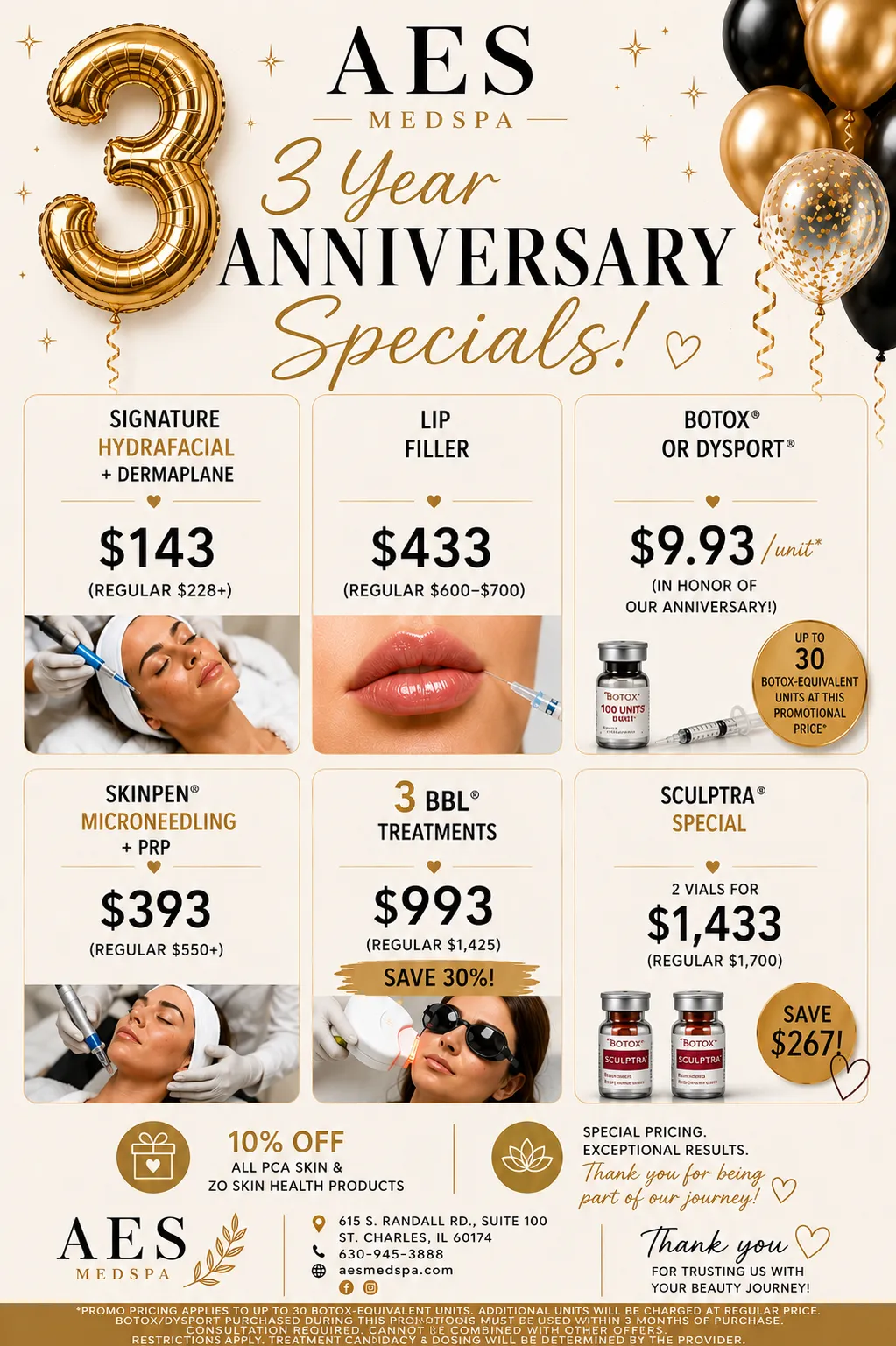 AES Med Spa 3-Year Anniversary Specials featuring HydraFacial, lip filler, Botox, Dysport, SkinPen microneedling, BBL and Sculptra offers